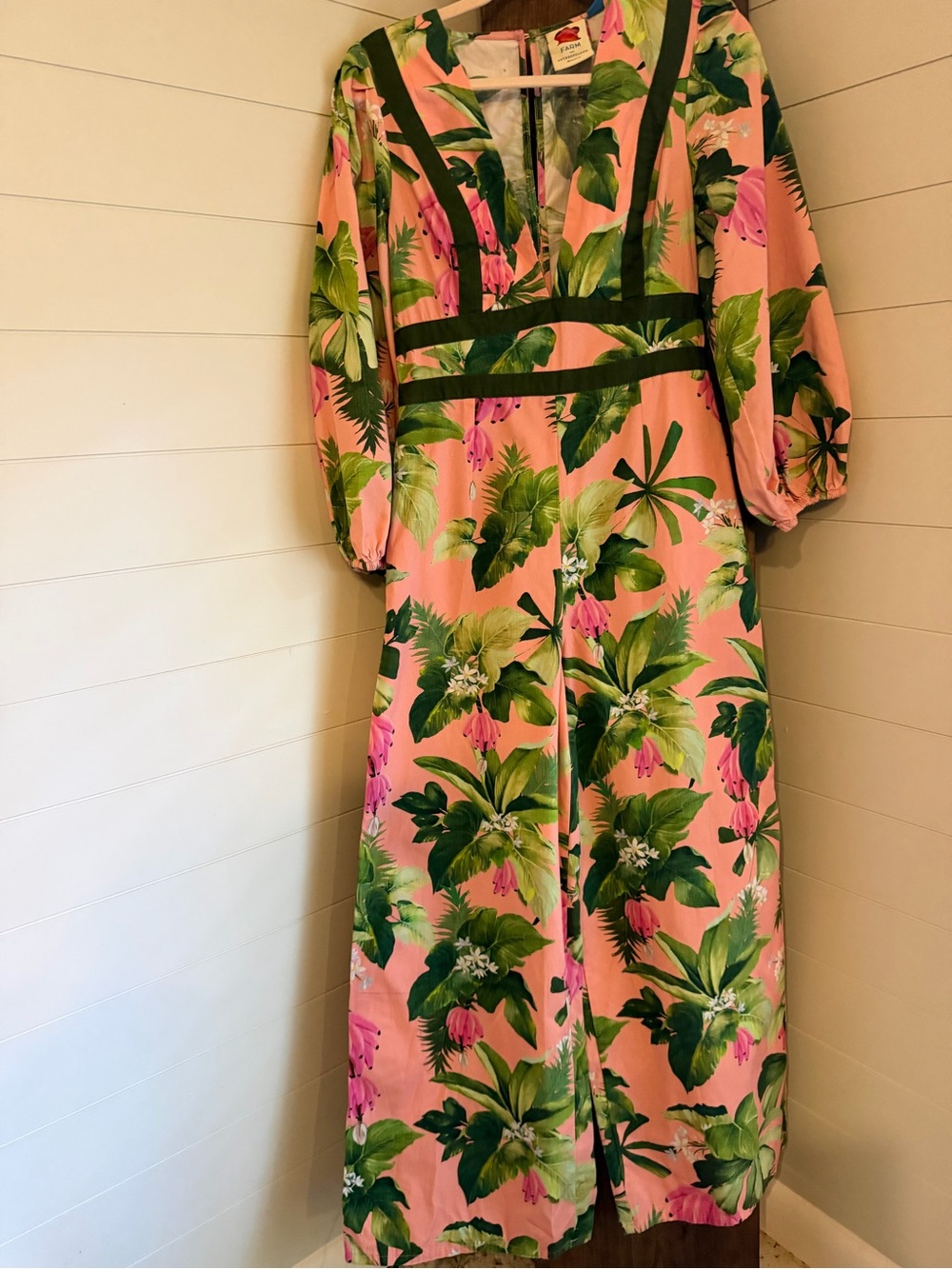 Anthropologie Pink Tropical Floral Wide-Leg Jumpsuit with Green Trim - Picture 3 of 6